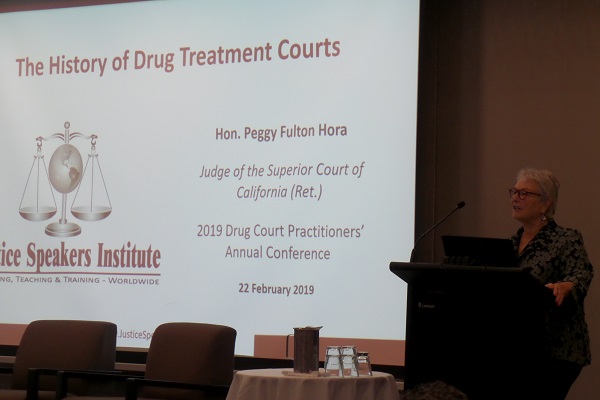 drug-court-20th-anniversary-peggy-hora Photo of Her Honour Judge Peggy Hora, President of the Justice Speakers Institute, Author and International Speaker, speaking at the Drug Court of NSW 20th Anniversary Conference on Friday, 22 February 2019
